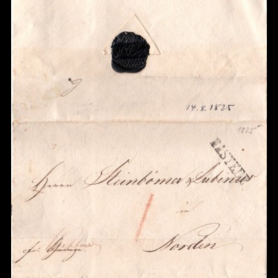 Oldenburg 1825, L1 RASTEDE auf Brief n. Norden m. Vermerk fco. Wittmund