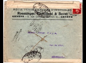 Schweiz 1916, RL Grenzrayon Zensur Brief m. 10 C v. Genf n. Frankreich u. retour