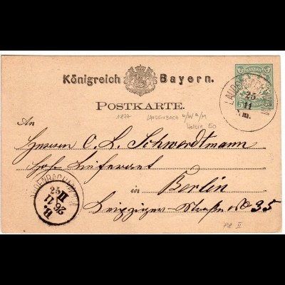 Bayern 1877, K1 LAUDENBACH b/W a/M auf 5 Pf. Ganzsache n. Berlin