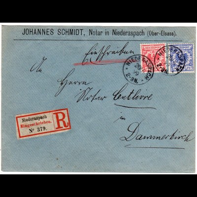 DR 1899, 10+20 Pf. auf Firmen Einschreiben Brief v. NIEDERASPACH Elsass