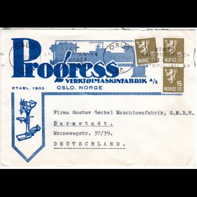 Norwegen 1950, MeF 3x15 öre auf Firmen Reklame Brief v. Oslo n. Deutschland