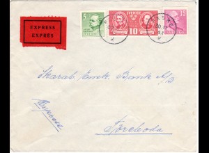 Schweden 1942, 5+10+35 öre auf Brief v. FÄSKE m. dunkelrotem EXPRESS-Zettel