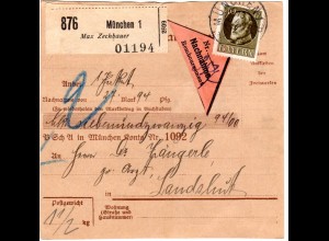 Bayern 1917, 40 Pf. auf Paketkarte m. Max Zechbauer München Selbstbucher Zettel