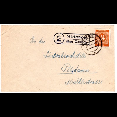 1946, Landpost Stpl. 2 STRIESOW über Cottbus klar auf Brief m. 24 Pf. 