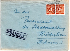 1946, Landpost Stpl. 20 ADENSTEDT über Alfeld klar auf Brief m. Paar 24 Pf. 