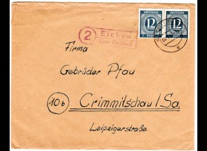1946, Landpost Stpl. 2 EICHOW über Cottbus klar auf Brief m. Paar 12 Pf. 