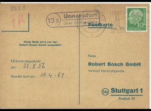 BRD 1956, Landpost Stpl. Unnersdorf über Lichtenfels auf Karte m. 10 Pf. #401