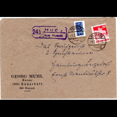 1949, Landpost Stpl. 24b HUDE über Husum auf Brief m. 20 Pf. v. Süderhöft