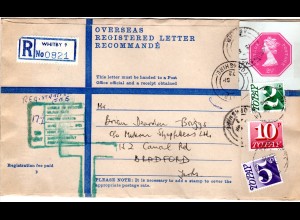 GB 1972, stationery cut out on regd. letter from WHITBY with 3 postage dues