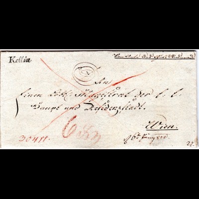 Österreich 1822, Böhmen-L2 KOLLIN (gerades K) klar auf Brief n Wien