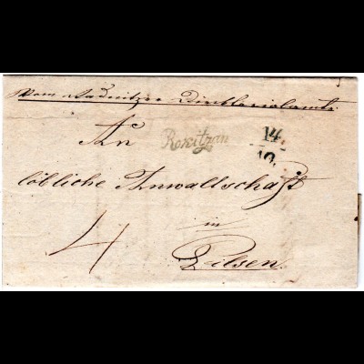 Österreich 1838, Böhmen Schreibschrift-L1 Rokitzan klar auf Brief n. Pilsen