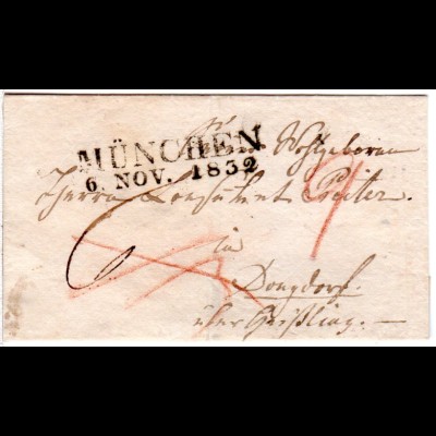 Bayern 1832, L2 MÜNCHEN auf auf Mini (56x97 mm) - Brief n. Württemberg