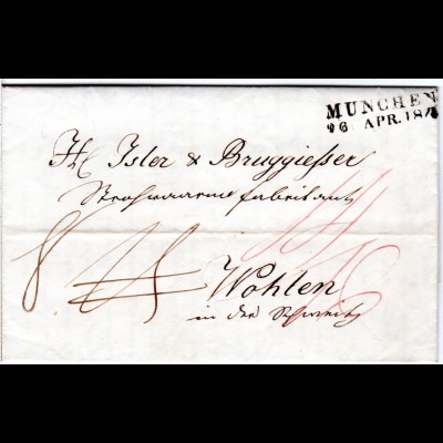 Bayern 1842, L2 MÜNCHEN auf Porto Brief i.d. Schweiz