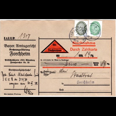 DR 1932, 5+30 Pf. Dienst auf Orts Nachnahme Paketadresse v. Forchheim