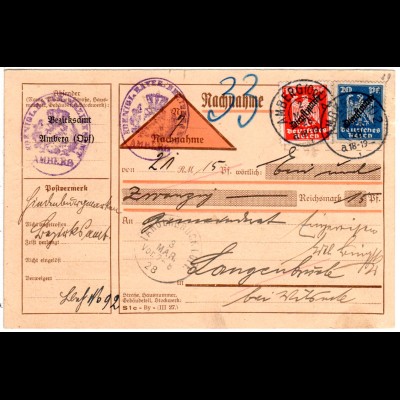 DR 1928, 10+20 Pf. Dienst auf Nachnahme Karte v. Amberg n. Langenbruck