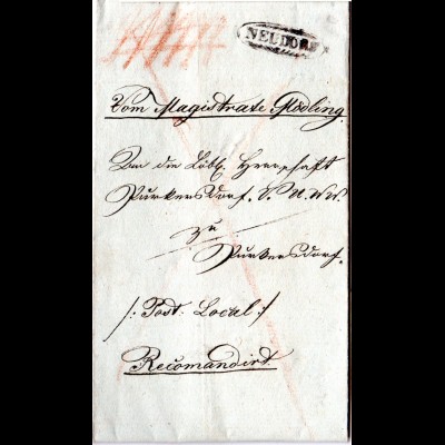 Österreich 1831, Zieroval-Stpl. NEUDORF klar auf Reko Brief n. Purkersdorf