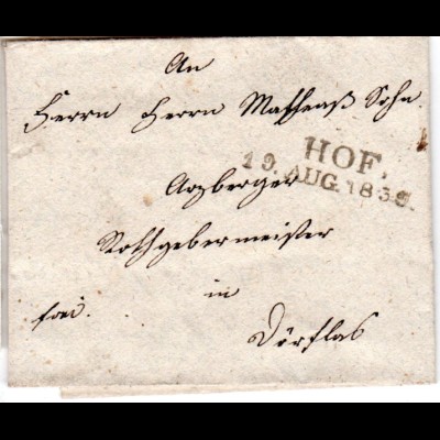 Bayern 1839, L2 HOF auf Franco Brief n. Dörfles