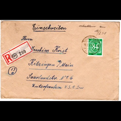 1948, 84 Pf. auf Einschreiben Brief m. eingest. Not-Reko-Zerttel v. Rübeland