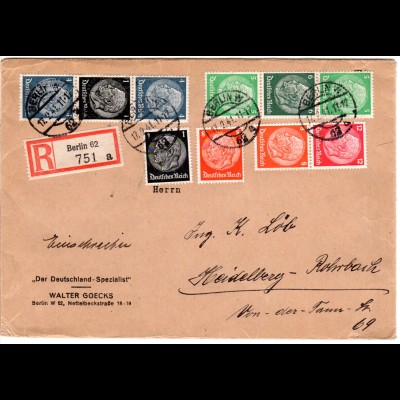 DR 1941, 1+8 Pf.+3 Zusammendrucke auf portorichtigem Reko Brief v. Berlin