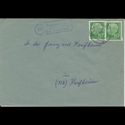 BRD 1956, Landpost Stpl. 13b Frankenried über Kaufbeuren auf Brief m. 2x10 #531
