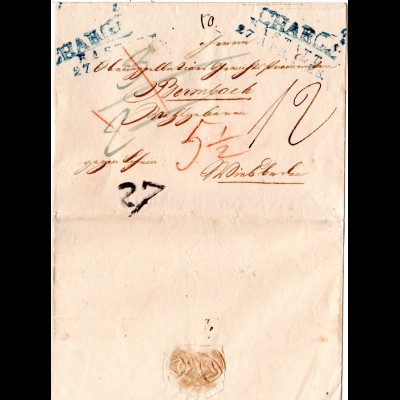 Baden 1828, L2 RASTATT u. CHARGÉ in blau auf Porto Brief n. Wiesbaden, Taxis