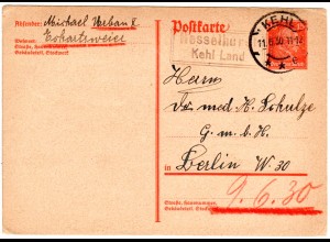 DR 1930, Hesselhurst Kehl Land, Landpost Stpl. auf Ganzsache v. Eckartsweier