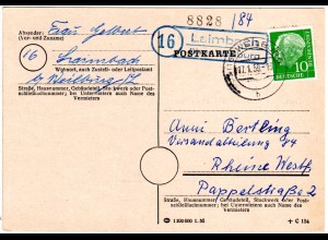 BRD 1959, Landpost Stpl. 16 LAIMBACH über Weilburg auf Karte m. 10 Pf. 