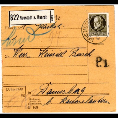 Bayern 1916, 40 Pf Friedensdruck auf Paketkarte v. Neustadt a. Haardt. Geprüft