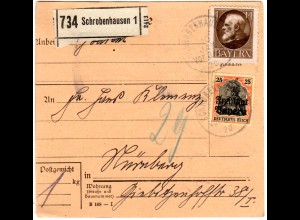 Bayern 1920, 1 Mk.+25 Pf. Germania auf Paketkarte v. Schrobenhausen. Geprüft