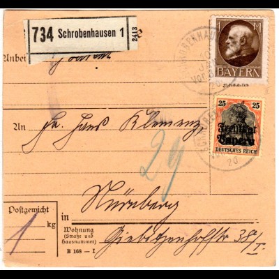 Bayern 1920, 1 Mk.+25 Pf. Germania auf Paketkarte v. Schrobenhausen. Geprüft