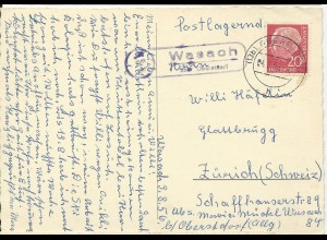 BRD 1956, Landpost Stpl. Wasach über Oberstdorf auf Karte m. 20 Pf. #2164