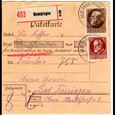 Bayern 1918, 1 Mk.+50 Pf. auf Einschreiben Paketkarte v. Memmingen. Geprüft