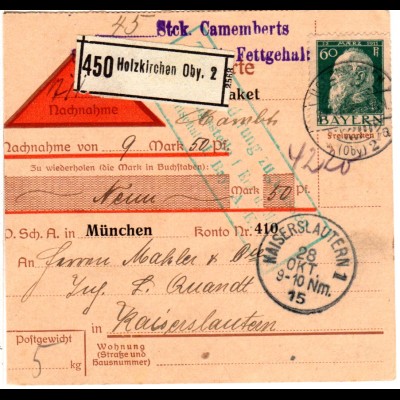 Bayern 1915, EF 60 Pf. auf Nachnahme Paketkarte v. Holzkirchen. 