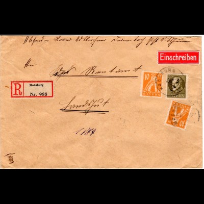 Bayern 1920, 40+2x10 Pf. Abschied auf Reko Firmen Brief v. Moosburg. Geprüft