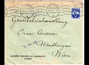 Dänemark 1922, EF 40 öre auf Bankbrief v. Randers n. Österreich