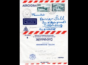 Marokko 1954, 10+50 F. auf Dänemark Aerogramm v. Casablanca n. Deutschland