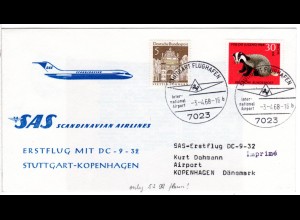 1968, SAS DC-9 Erstflug-Brief Stuttgart-Kopenhagen, Sonderumschlag m. Ank.Stpl.