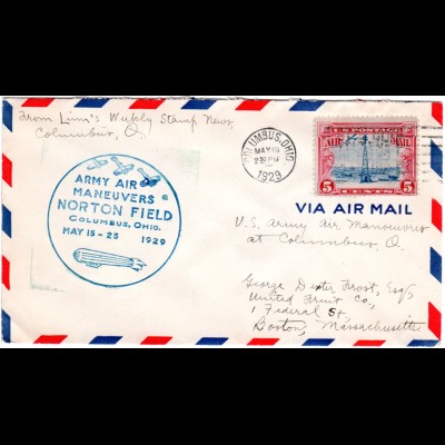 USA 1929, 5 C. Air Mail auf Brief m. blauem Norton Field Army Air Maneuvers 