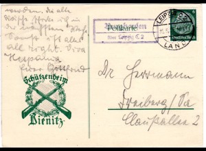 DR 1937, BURGHAUSEN über Leipzig, Landpost Stpl. auf Bienitz Schützenheim Karte.