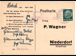 DR 1938, HOBECK über Gommern, Landpost Stpl. auf Gutsverwaltungs-Karte m. 6 Pf.