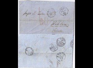 GB Schweiz 1860, Porto Brief v. London m. vielen Stempeln. #516