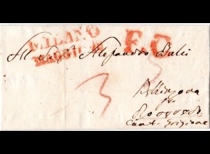 Lombardei & Venetien 1839, L2 MILANO u. FC auf Teilfranko Brief i.d. Schweiz