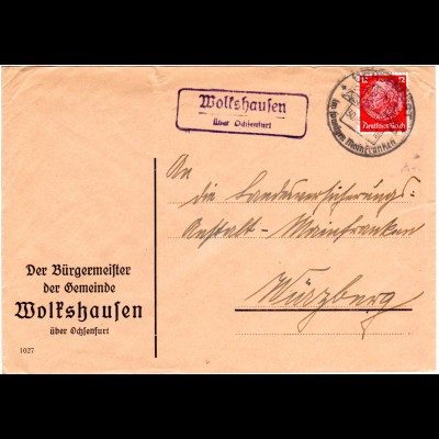 DR 1941, Landpost Stpl. WOLKSHAUSEN über Ochsenfurt auf Bürgermeister Brief 