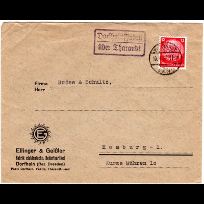 DR 1935, Landpost Stpl. DORFHAIN FABRIK über Tharandt auf Firmen Brief m. 12 Pf.