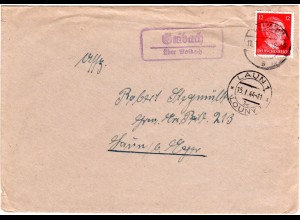 DR 1944, Landpost Stpl. GAIBACH über VOLKACH auf Brief ins Protektorat Böhmen