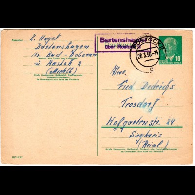DDR 1956, Landpost Stpl. Bartenshagen über Rostock 2 auf 10 Pf. Ganzsache