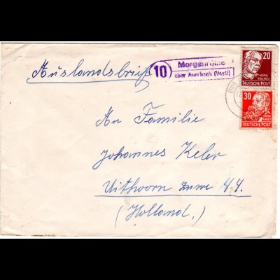DDR 1951, Landpost Stpl. MORGENRÖTHE über Auerbach auf Auslandsbrief m. 20+30 Pf