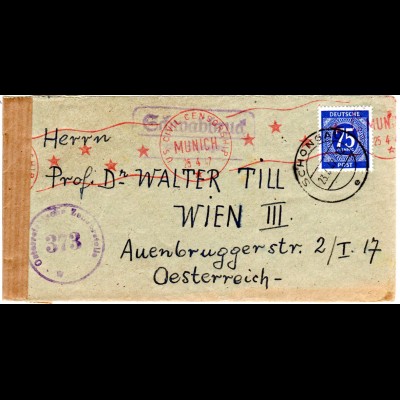 1947, Landpost Stpl. SCHWABBRUCK über Schongau auf Zensur Brief m 75 Pf. n. Wien