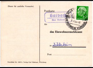 BRD 1956, Landpost Stpl. GAIBACH über VOLKACH auf Karte m. 10 Pf.