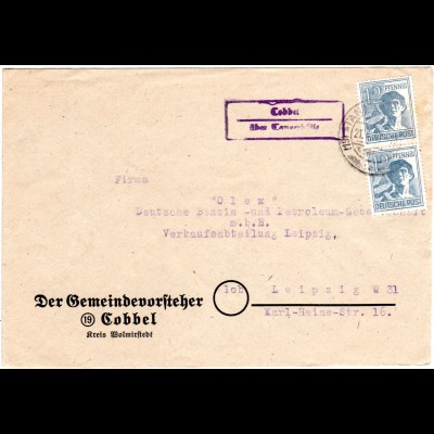 1947, Landpost Stpl. COBBEL über Tangerhütte auf Brief m. Paar 12 Pf.